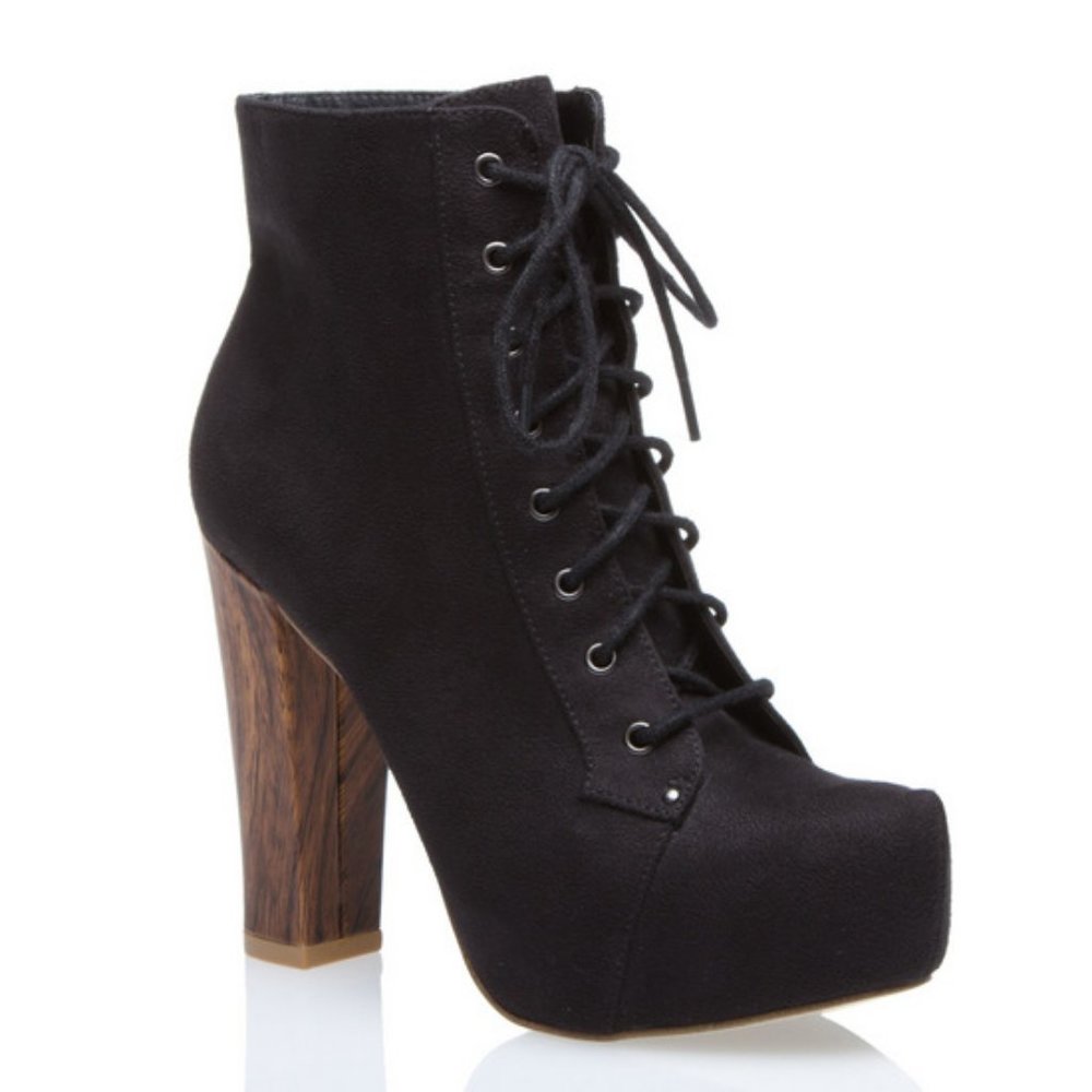 Shoedazzle Aubrey Suede Lace-Up Wooden Stacked Heel Boots 10M